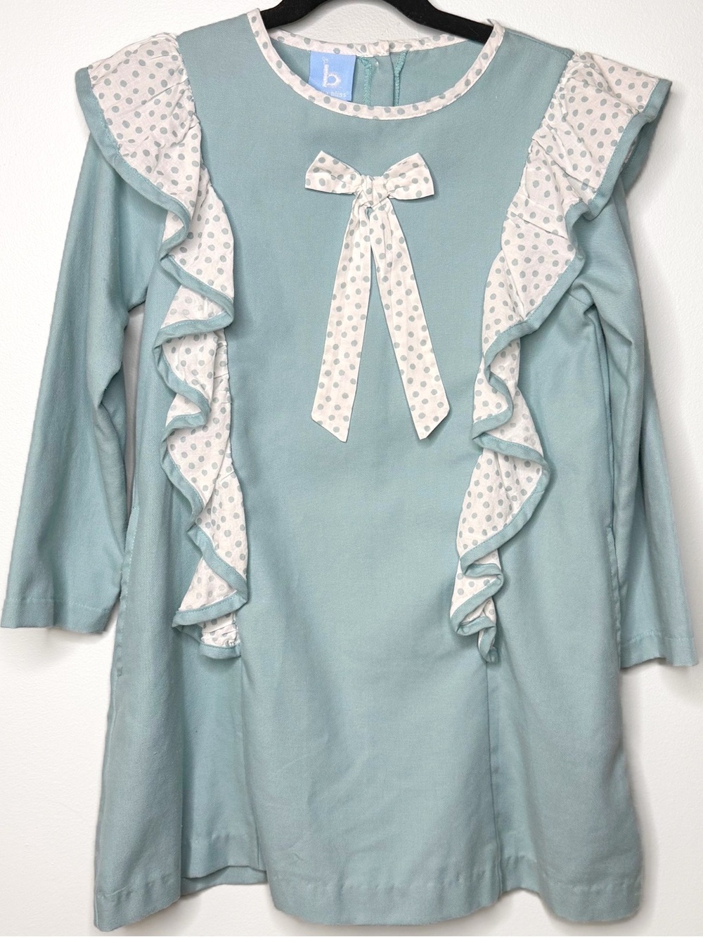 bella bliss Light Blue Ruffle Long Sleeve Dress with Polka Dot Bow Girls Size 7
